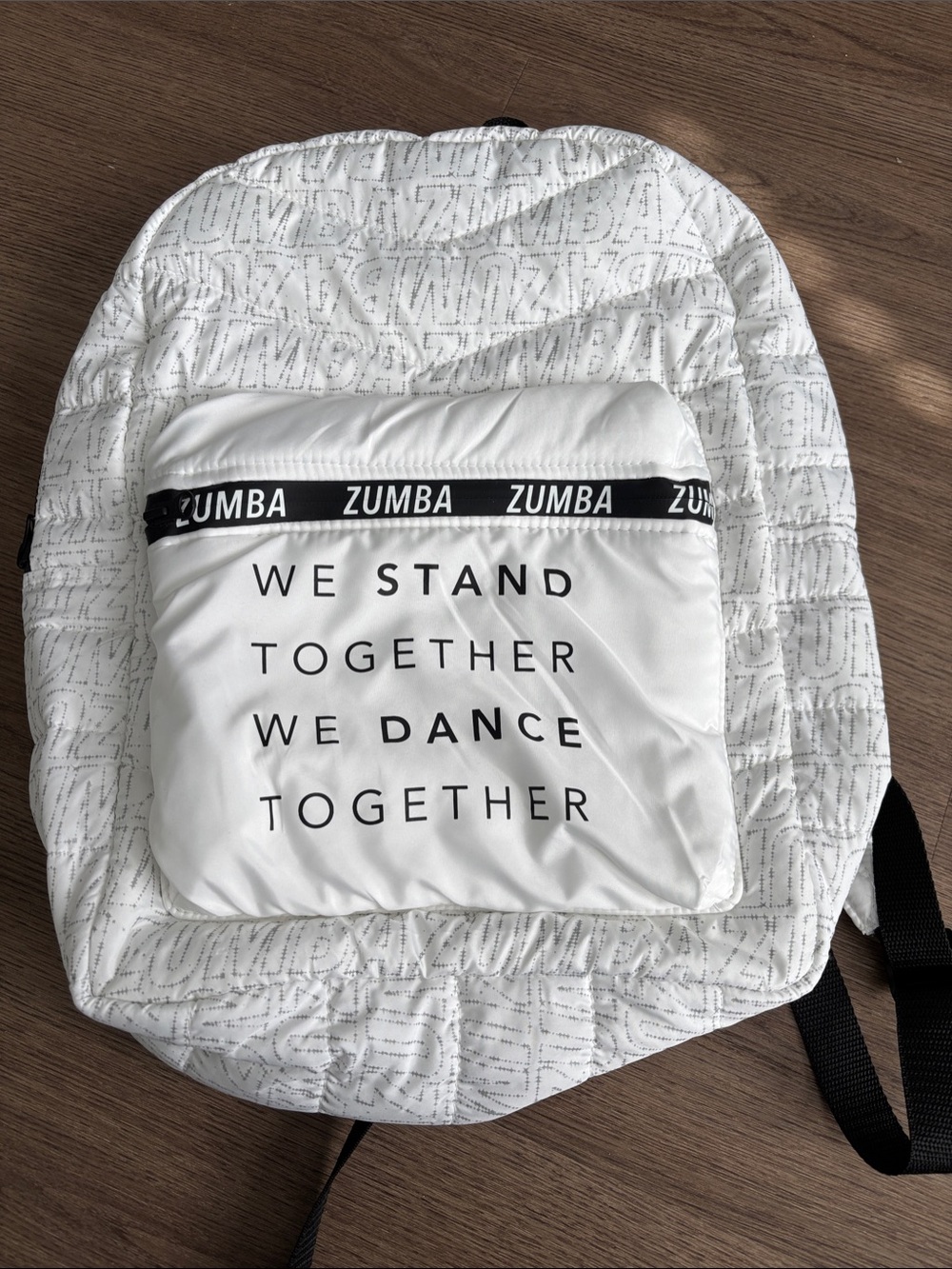 Zumba Fitness White Quilted Backpack with Black Logo Trim
